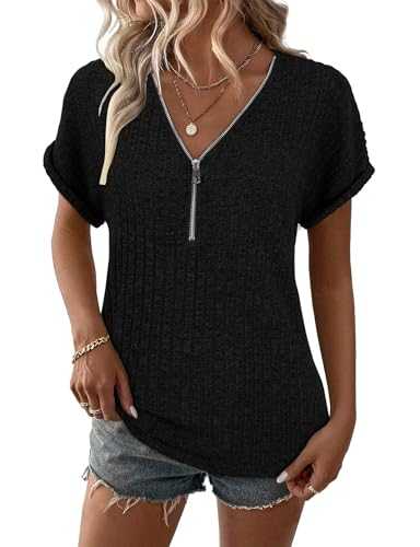 Womens Tops Short Sleeve Zipper Tshirts Blouses Ladies Knit Solid Casual Spring Summer Tunic S-XXL