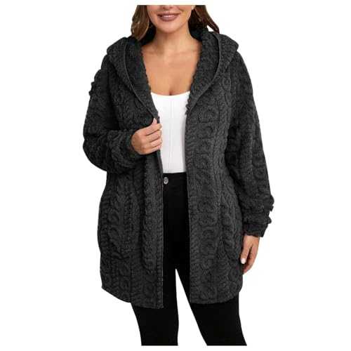 Womens Oversized Zip Up Sherpa Jacket Solid Color Fleece Hoodie Winter Teddy Coat Outerwear with Pockets Casual Hooded Longline Coat Warm Sweater Outwear