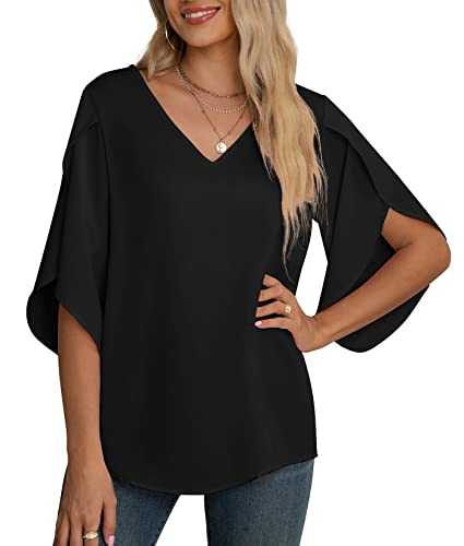 Yommay Women's Chiffon Blouse Ladies Tops Elegant Casual Loose 3/4 Ruffled Split Sleeve V Neck Summer Blouse T Shirts