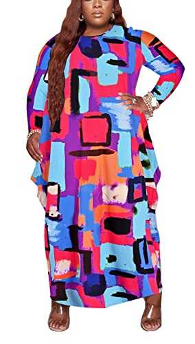 Fooullaide Women's Plus Size Maxi Dress Print Loose Oversize Long Sleeve Baggy Tshirt Casual Tunic Dresses with Pocket