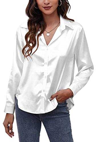 Panegy Women's Satin Shirt Long Sleeve Blouses Botton Down Work Top Silk Like Shirts for Ladies Office Tops