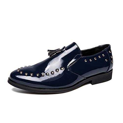 MTnoble Men's Faux Patent Leather Oxford Shoes Handmade Tassel Loafer Slip On Dress Shoes (Color : Navy, Size : 43 EU)