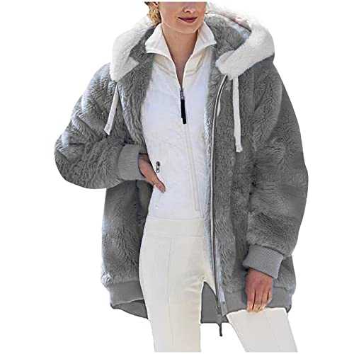 Flodxo Women's Coats Ladies Fleece Hoodie Winter Warm Zip Up Hoodie Plus Size Faux Fur Coat Baggy Fleece Jackets Full Zip Casual Loose Open Front Hooded Drawstring with Pocket Outwear