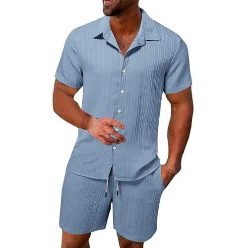 Cocila Men's Summer Breathable Two Wrinkled Shirt Shorts Set Men's Textured Beach Suit Men Suits Big and Tall Mens Tracksuit Set Red and Black Tracksuit Shorts Mens Full Set Trapstar