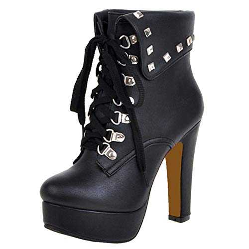 Women Boots with High Heel and Thick Platform Lace Up Ankle Boots
