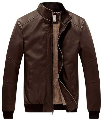 WenVen Men's Stand Collar Faux Leather Jacket Fleece Lined Bomber Jacket Vintage Outwear Windproof Motorcycle Coat