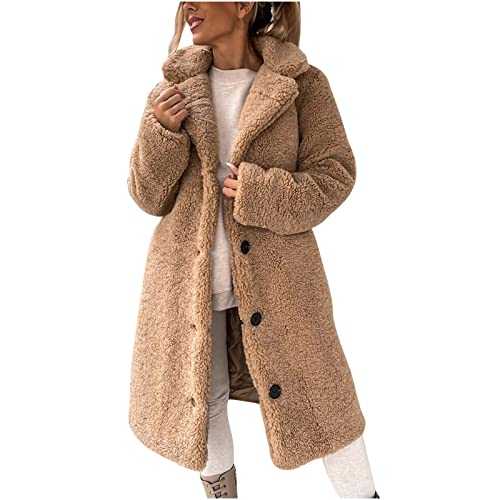 Womens Fluffy Wool Coat Teddy Bear Fleece Jackets Long Sleeves Lapel Double-Sided Velvet Open Front Cardigan Winter Solid Color Windproof Warm Trench Coat Ladies Elegant Outwear