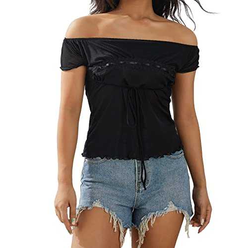GPLOPEEY Women Lace Flower Cap Sleeve Low Cut Drawstring T-Shirt Female Off Shoulder Y2K Tube Top