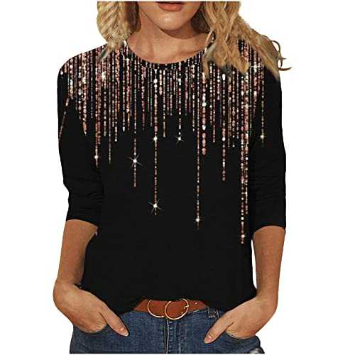AMhomely Women Blouse Sale Clearance Party Elegant Short/Long Sleeve Tops for Work UK 3/4 Sleeves Casual Shirts Pullover Loose Tunic Tops Print O-Neck Blouse Cute Halloween Christmas Dressy