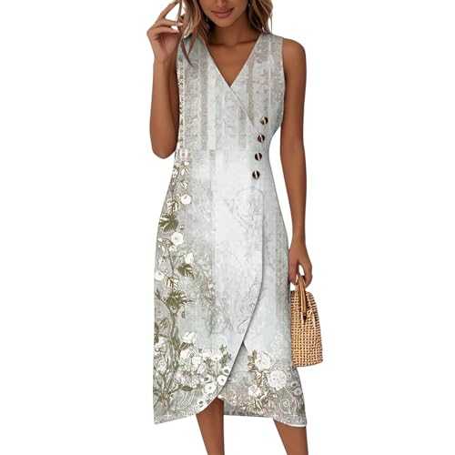 Women's Summer Dress UK Vintage Ladies Irregular Floral Print V Neck Sleeveless Button Wrap Beach Dresses Elegant Boho Flowy High Waist Dress