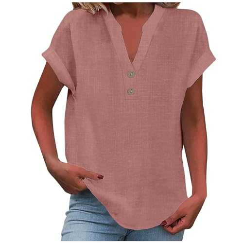 Women's Summer Cotton Linen Cap Sleeve T-Shirt Button Down V-Neck Loose Tunic Tops Fashionable Baggy Solid Color Plain Casual Shirts Trendy Lounge Blouses