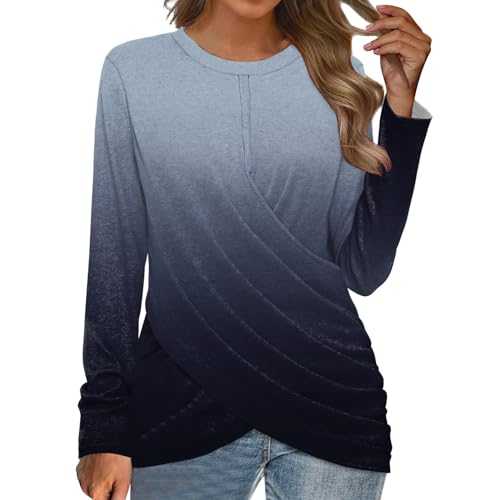 Women's Cross Over Tops Gradient Colour Crew Neck Blouse Tops Elegant Long Sleeve T Shirts Fashion Twist Front Pullover Tunic Tops Loose Fit Casual Tee Tops for Holiday Daily Wear