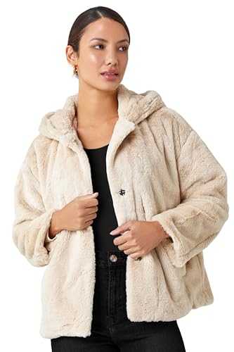 Roman Faux Fur Hooded Jacket for Women UK - Ladies Autumn Everyday Winter Holiday Fluffy Feel Comfy Long Sleeve Soft Front Pocket Warm Cute Cozy Coats