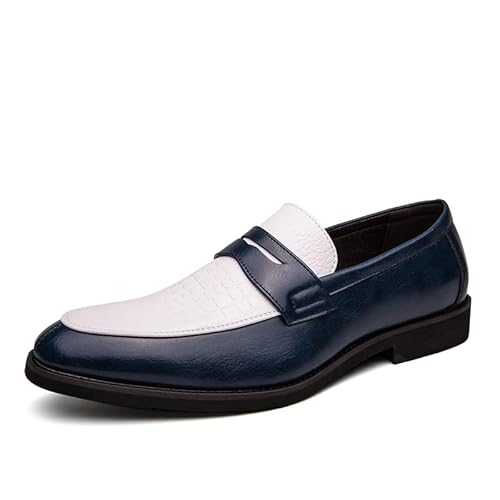 Formal Dress Shoes For Men Slip On Round Toe Two Tone PU Leather Penny Loafer Non Slip Low Top Rubber Sole Anti-slip Outdoor(White Blue,10 UK)