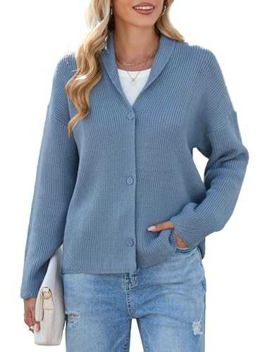 Famulily Ribbed Cardigans for Women UK, Button V Neck Cozy Knitted Cardigan Loose Winter Warm Coats