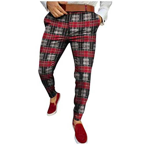 Men's Casual Trousers Urban Classic Checked Print Shaping Straight Fabric Trousers Men's Elegant Stretch Chino Twill Pencil Trousers Suit Trousers Lightweight Business Wear Party Trousers