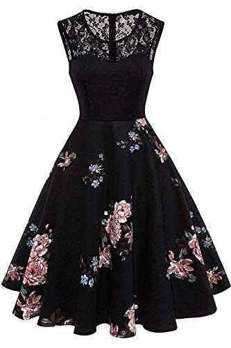 AXOE Women's Vintage Fit & Flare Dress 1950s Style Floral Print Sleeveless, Below Knee, UK Size 16