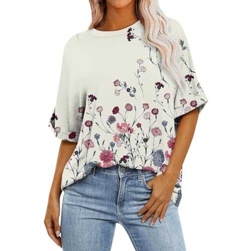 Going Out Tops for Women UK, Ladies Tops Summer Women Tops Elbow Length Fashion Graphic Tees Crew Neck Print Short Sleeve Tunic Top