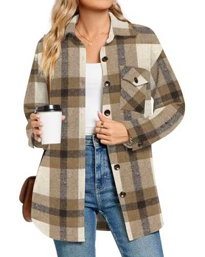 Aodemo Women Flannel Plaid Shacket Button Down Shirts Long Sleeve Jacket Winter Coats with Slant Pockets