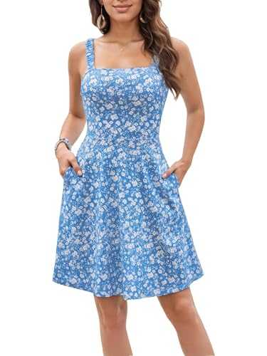 Oyamiki Floral Dresses for Women UK A Line Summer Beach Square Neck Chic Dress Sleeveless Sundress Elegant Flowy with Side Pockets