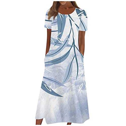 Womens 2024 Fashion Casual Summer Flowy Dress with Pockets Short Sleeve Print Plus Size O Neck Basic Dresses