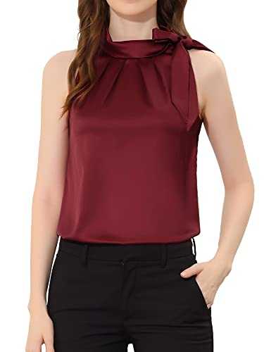 Allegra K Women's Elegant Satin Sleeveless Bow Tie Neck Solid Work Blouse Top