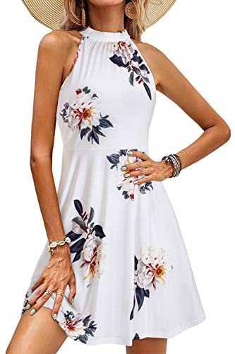 OUGES Women's Sleeveless Halter Neck Summer Dress Casual Cotton Sundress