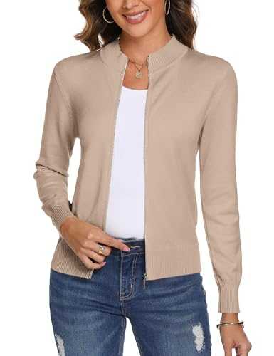 Aottori Women's Cardigan Zip Up Knitted Cardigans Sweater Ladies Lightweight Long Sleeve Open Front Zipped Knitwear Stand Up Casual Basic Outwear