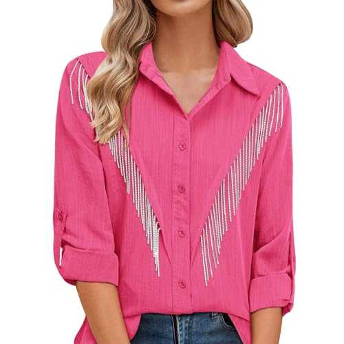 Women Button Down Shirt Rhinestone Fringe Rolled 3/4 Sleeve Glitter Top Concert Western Outfit Leopard Top Women Blouse