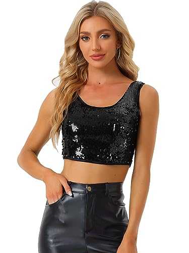 Allegra K Women's Halloween Costume Metallic Crop Top Y2K Sequin Round Neck Sleeveless Party Clubwear Vest Tank Tops