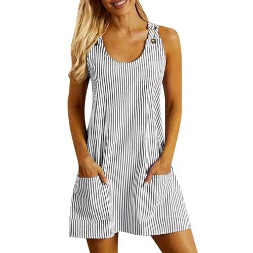 WILLBEST Women's Summer Dresses Beach Vacation Sleeveless Striped Tshirt Tank Ruffle Tiered Loose Sundresses with Pockets