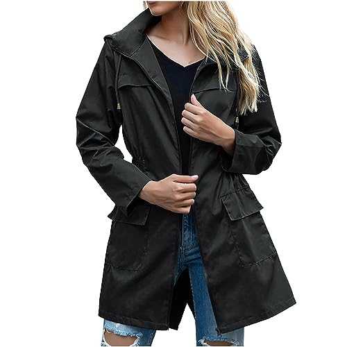 Zeiayuas Waterproof Coat Womens Lightweight Rain Jacket Windproof Raincoat with Hood Plus Size Windbreaker Transition Jacket Breathable Coat Rain Jacket Hiking Outdoor Long Trenh Coats