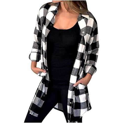 Checked Shirts Womens Women's Blouses & Shirts Plus Size Shacket Women Long Sleeve Tops Women Blouses for Women UK Ladies Shirts Women's Checkered Shirt Long Womens Shirts Loose Fashion Plaid Shirt