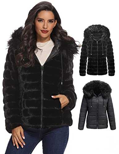 XULIKU Women's Reversible Warm Faux Fur Coat Fuzzy with Hooded Front Zipper Short Puff Jacket for Women Winter