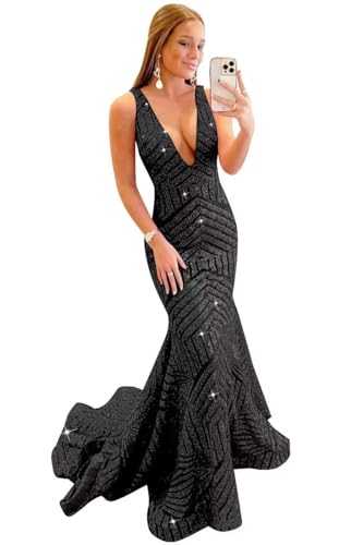 V Neck Sequin Prom Dresses Long Mermaid Evening Gowns Sparkly Evening Dresses for Women