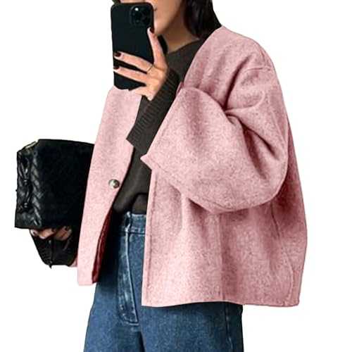 HOTIAN Women's Cropped Wool Blend Peacoat, Grey, Short Length, Loose Fit, Long Sleeve, Collarless, Autumn, Winter