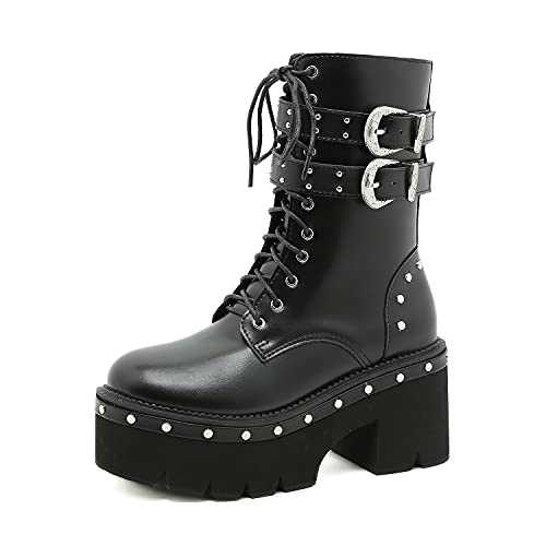 GGBLCS Womens Platform Chunky Lace Up Ankle Booties Studded Block Heel Goth Punk Combat Boots with Buckle,Black,8.5 UK