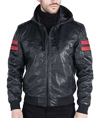 TruClothing Men's Bomber Jacket Outwear Windproof Winter Real Leather Jackets Coat Quilted Hood