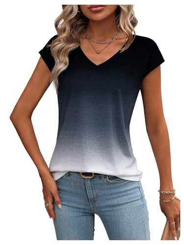 GORGLITTER Women's Ombre V Neck Short Sleeve T Shirts Cap Sleeve Casual Summer Tee Tops