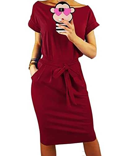 PRETTYGARDEN Ladies Basic Crewneck Belted Office Dress with Pockets Solid Color Sexy Short Sleeve Party Slim Dress - red - Medium