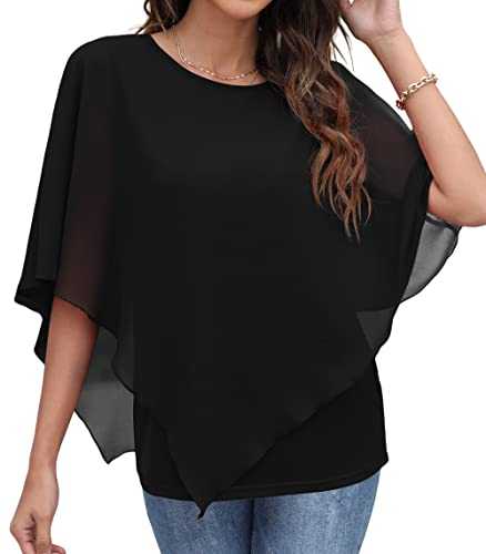 QIXING Women's Chiffon Blouse Tops Summer Crew Neck Casual Batwing Sleeves Handkerchief Hem Lined Flowy Blouses Shirts