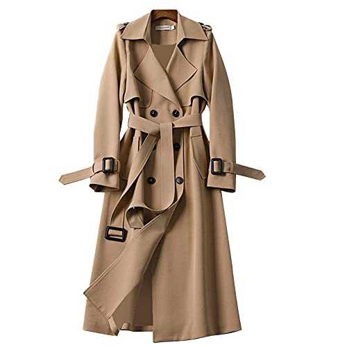 Saklifuo Women's Solid Windbreaker Slim Fit Trench Coat Long Jacket Outerwear with Belt Button