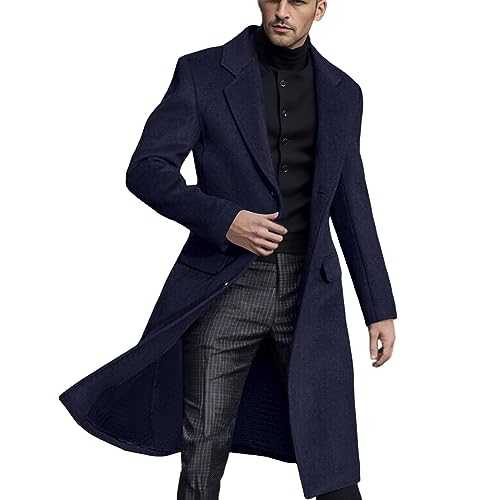 Long Trench Coat Mens,Lapel Collar Wool Overcoat Full Length UK Solid Single Breasted Long Coat Winter Warm Jacket Coat Business Casual Smart Outwear Regular Fit Trench Coat Size