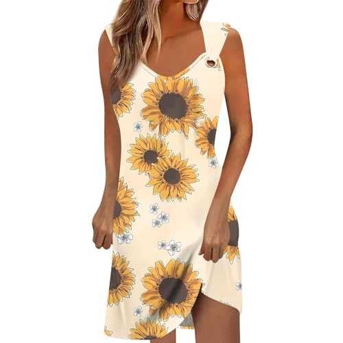 HOOUDO Women's Summer Dresses Plus Size Ladies Cotton Dresses Sleeveless Knee Length Dress Casual Beach Dresses Floral Sun Dress Casual Tank Mini Dresses with Pockets