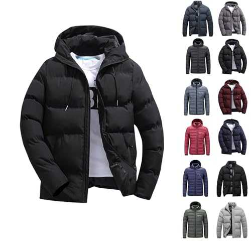 Cocila Men's Winter with Hood Puffer Jacket Thicken Insulated Warm Down Coat Windproof Hooded Puffy Jackets Solid Zipper Hooded Loose Outdoor Cotton Coat Top Blouse Jacket