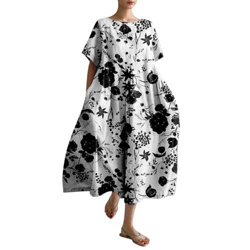 AMDOLE Boho Dresses for Women UK Design Printed Casual Loose Dress with Pocket Dress with Sleeves for Women plus Size