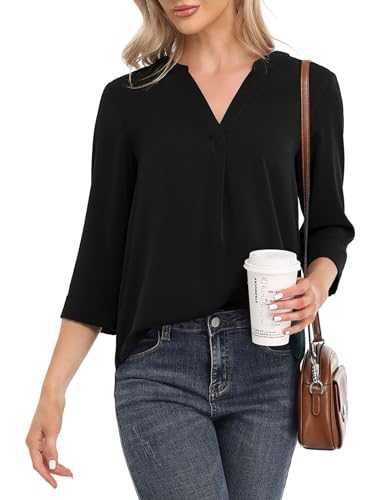 Anelune Womens Tops V-Neck Shirts Long Lartern Sleeve Shirts Elegant Solid Color Loose Fit Casual Chiffon Blouse S-XXL