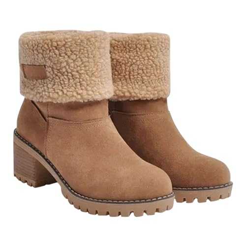 Winter Boots For Women Non Slip Ankle Boots Slip On Mid Boots Snow Boots Waterproof Walking Boots Chunky Heel Trekking Boots Warm Fur Lined Booties Suede Outdoor Boots Calf Boots Side Zip Boots