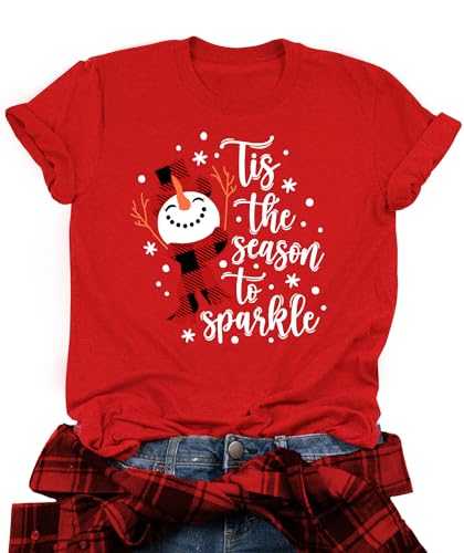 Christmas Snowman Shirt for Women Tis The Season to Sparkle Xmas T-Shirts Graphic Plaid Holiday Blouse Tops