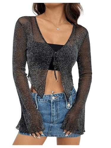 GORGLITTER Women's Sexy Mesh Tie Front Long Sleeve Shirts Crop Top Glitter Sheer See Through Cardigan